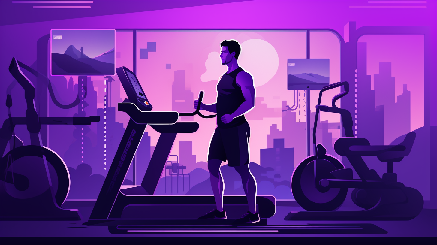 An AI generated image using Midjourney. The image is a purple and black flat illustration of a man in activewear working out in a gym. There are various workout machines and he is standing by a treadmill.
