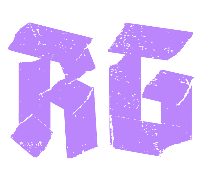 The logo image for my website, Radds Games. Its shows the letters R and G in a grungy typeface. The logo is purple.
