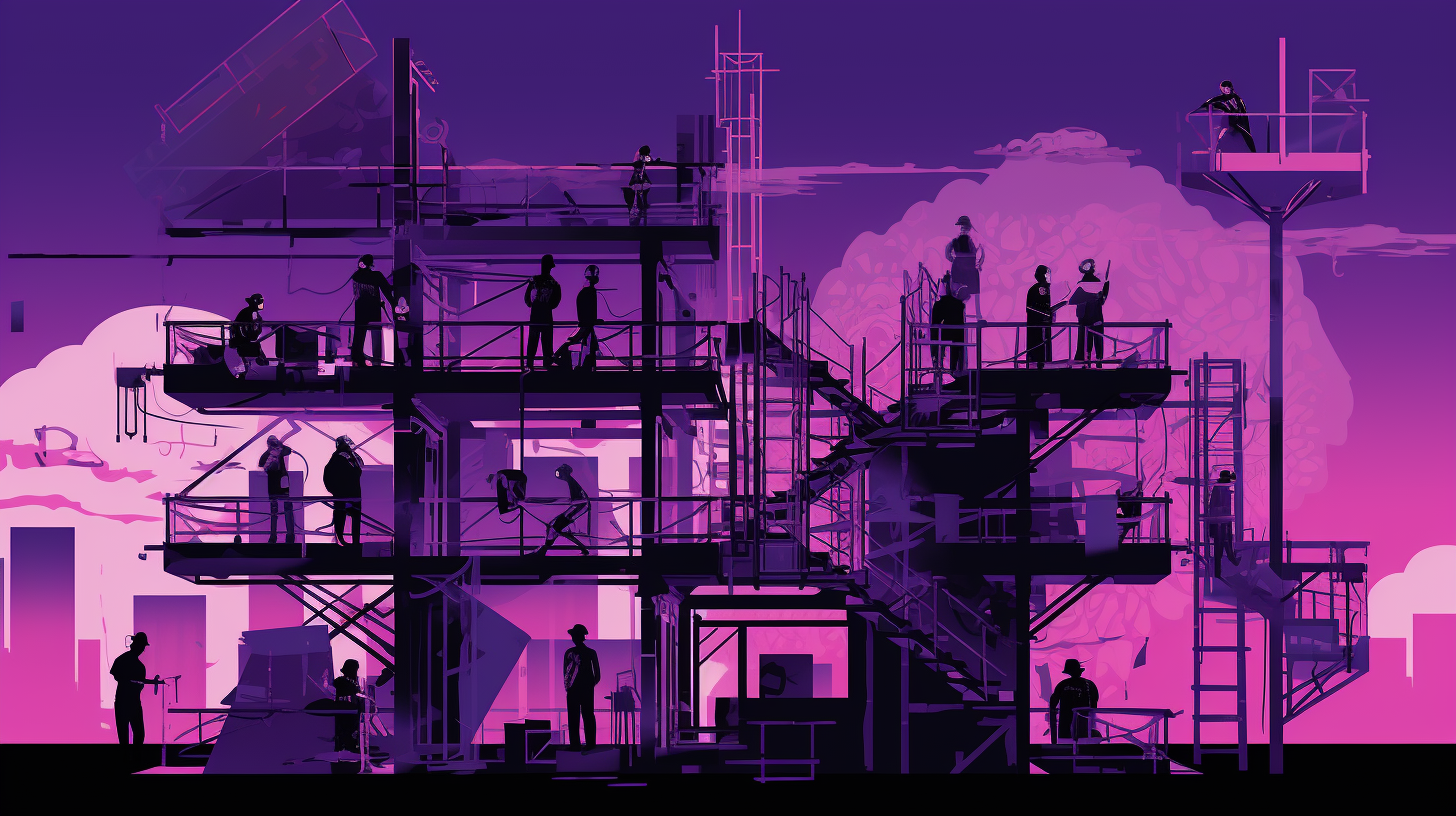 An AI generated image using Midjourney. The image is a purple and black illustration a scaffolding with people standing on it.
