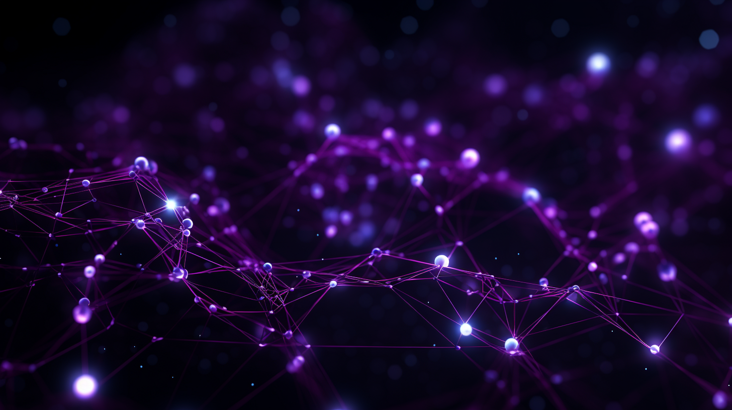 An AI generated image using Midjourney. The image is a purple and black 3D illustration showing a network of nodes.