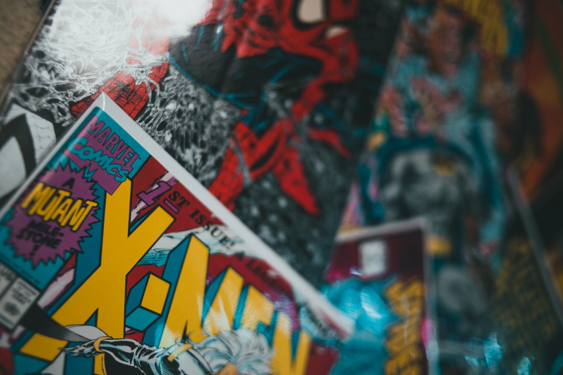 A close up image of comic book covers.