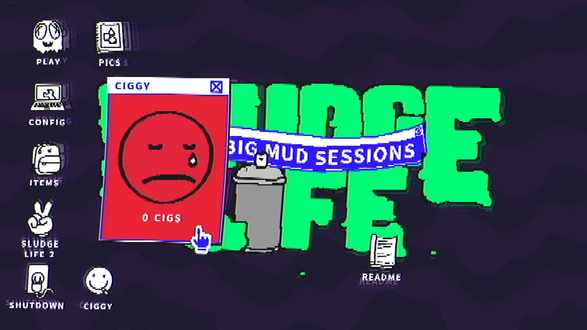 A screenshot showing the menu screen of Sludge Life: The MUD Sessions, a video game.