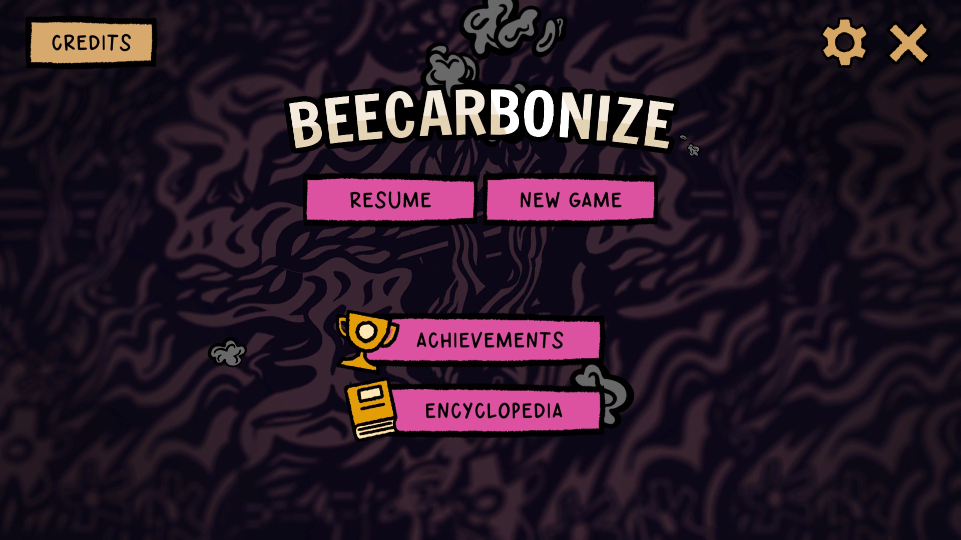 A screenshot showing the title menu of Beecarbonize, a video game.