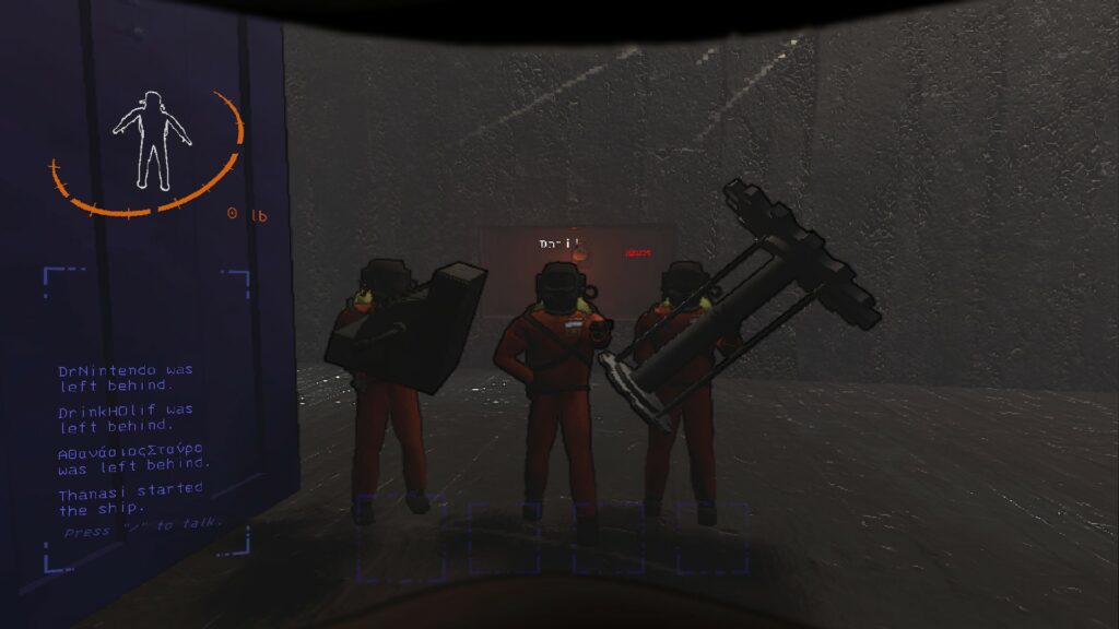 A screenshot showing from Lethal Company, a video game. The screenshot depicting three individuals in spacesuits holding various pieces of scrap metal.