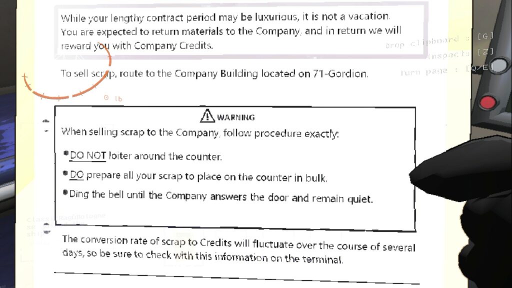 A screenshot showing from Lethal Company, a video game. The screenshot depicts a clipboard with written instructions.