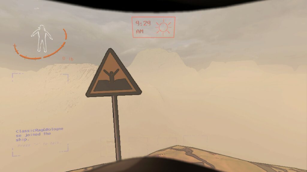A screenshot showing from Lethal Company, a video game. The screenshot depicts a first-person view of a person looking at a hazard sign which depicts a person drowning in quicksand.