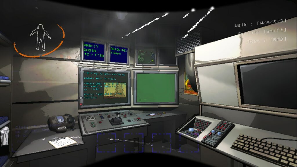 A screenshot showing from Lethal Company, a video game. The screenshot depicts a first-person view of a person looking at a spaceship's control center.