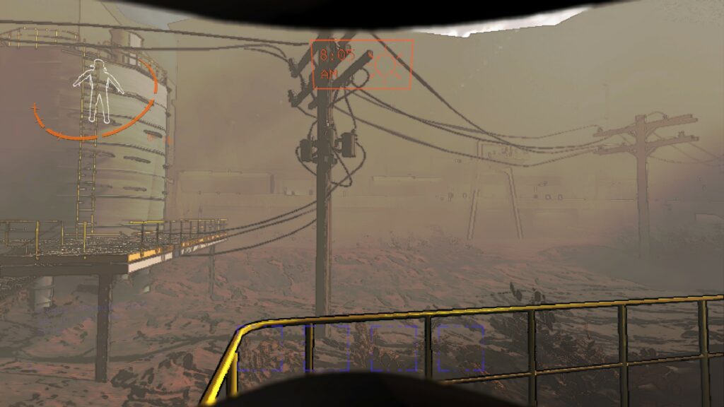 A screenshot showing from Lethal Company, a video game. The screenshot depicts a first-person view of a person on an alien moon.
