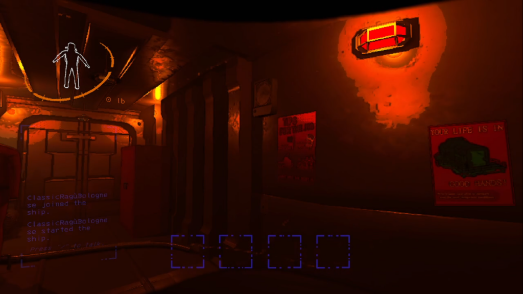 A screenshot showing from Lethal Company, a video game. The screenshot depicts a first-person view of a person within a spaceship's which is illuminated by red hazard lights.