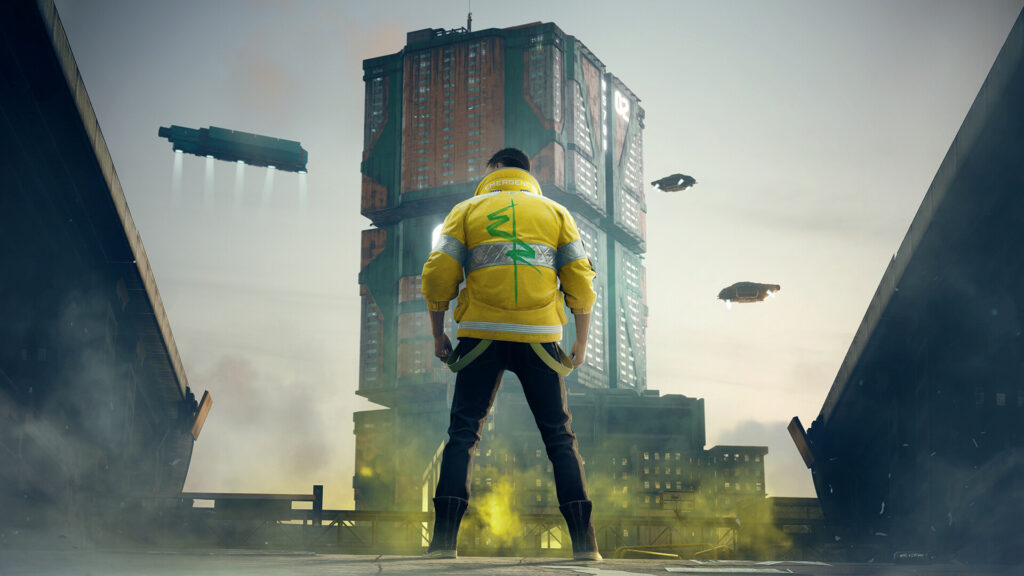 Promotional image of Cyberpunk 2077 - Man in a yellow jacket looking into the horizon