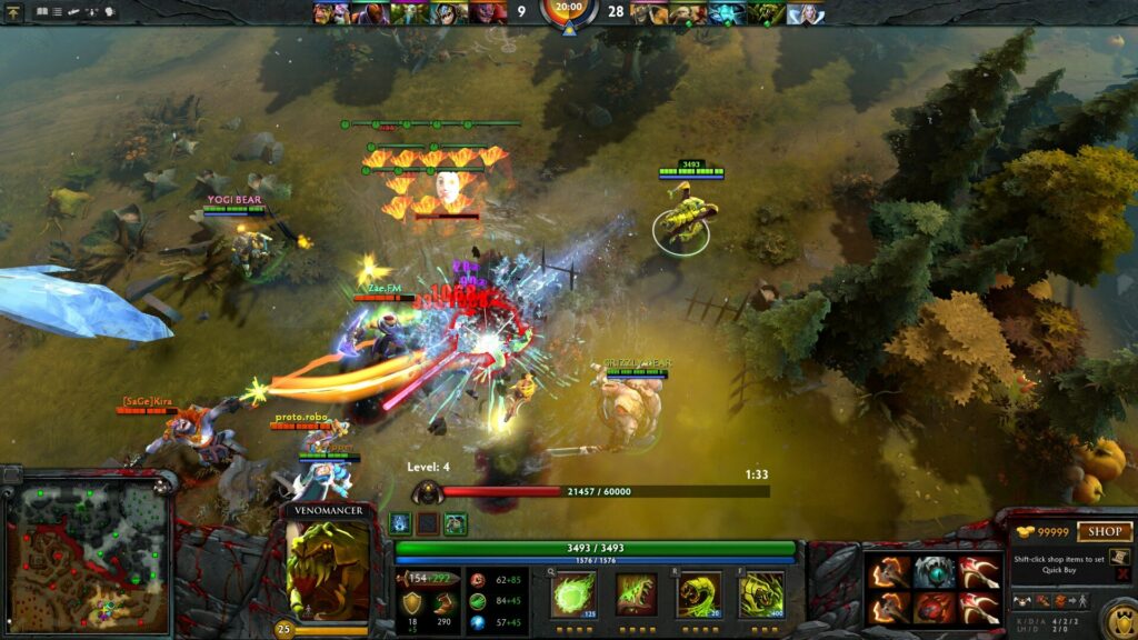 A screenshot showing gameplay of DotA2, a video game.
