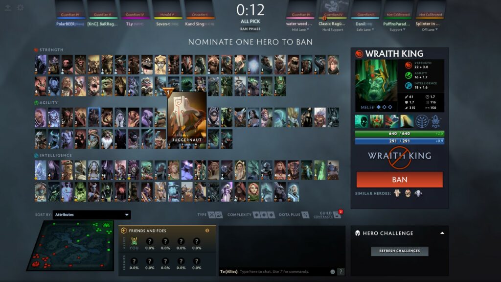 A screenshot of the Dota2 hero pool, selection screen