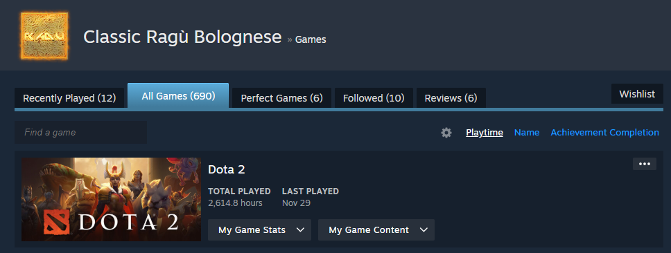 A screenshot showing the total hours I've played Dota2 (2,614.8 hours)