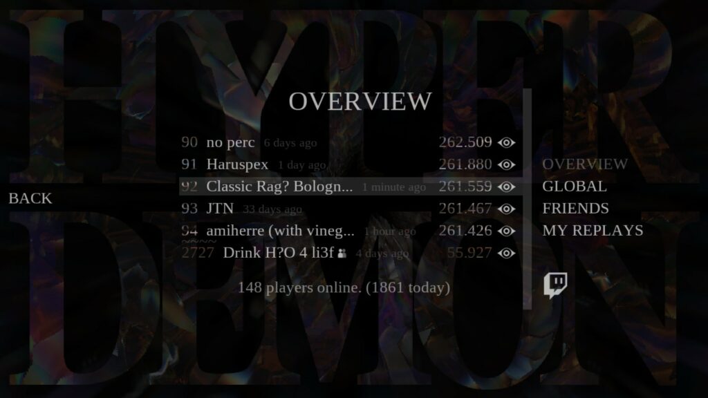 A screenshot showing the title menu of Hyper Demon, a video game. The image shows the global leaderboards and has my name beside the #92 ranking. My score is 261.559.