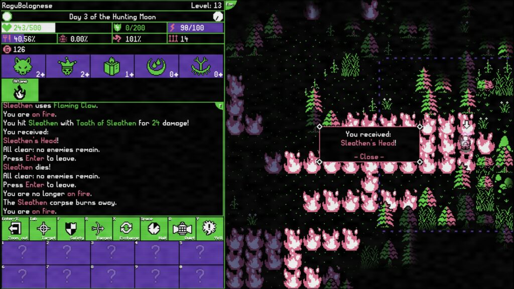 A screenshot showing gameplay of Moonring, a video game. The image shows the gameplay window on the right and the options/controls panel on the left. The gameplay window shows a burning forest and a dialogue box stating "You received: Sealthen's Head!".