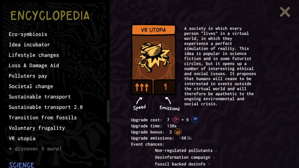 A screenshot showing gameplay of Beecarbonize, a digital-board video game revolving around playing cards. This screenshot shows the encyclopedia menu which has details about the playing cards - specifically, the Loss & VR Utopia card.