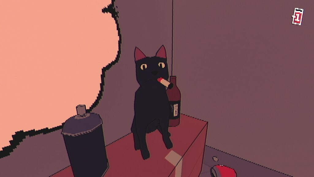 A screenshot showing gameplay of SLUDGE LIFE: The BIG MUD Sessions, a video game. This screenshot shows a cat smoking a cigarette.