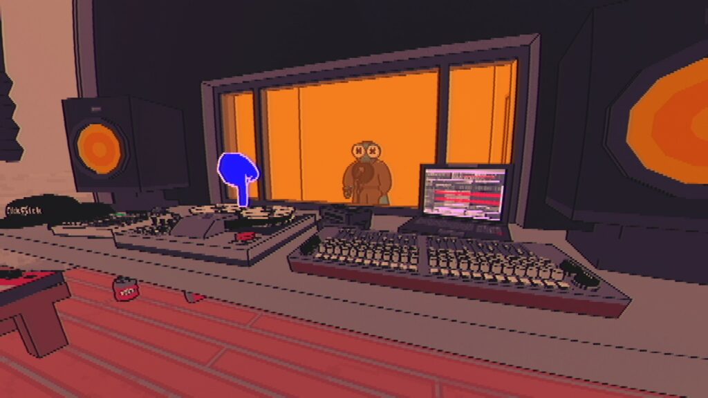 A screenshot showing gameplay of SLUDGE LIFE: The BIG MUD Sessions, a video game. This screenshot shows a the recording booth of the music studio.