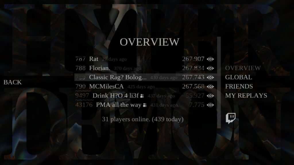 A screenshot showing the title menu of Hyper Demon, a video game. The image shows the global leaderboards and has my name beside the #789 ranking. My score is 267.743.
