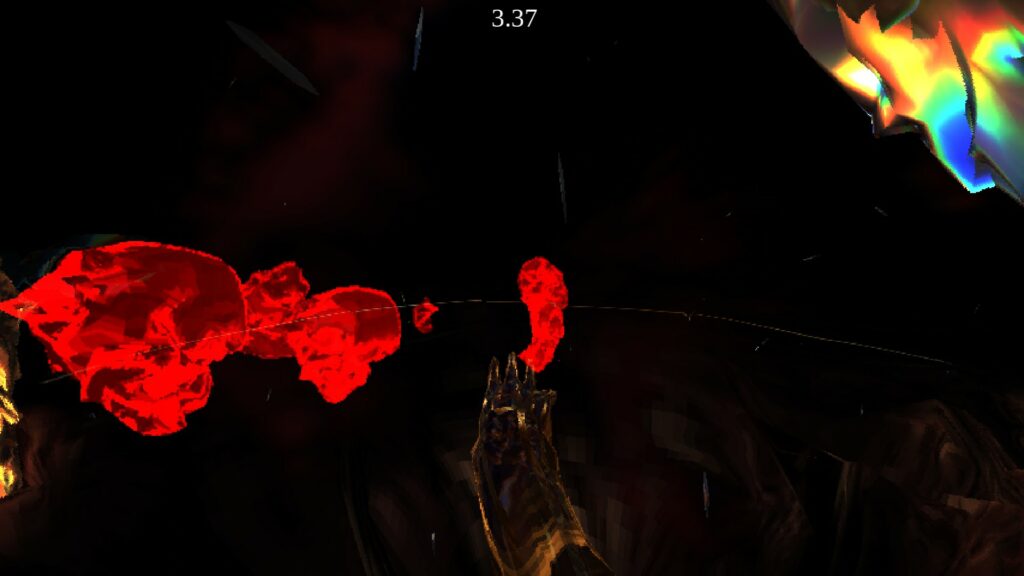 A screenshot showing the title menu of Hyper Demon, a video game. The image is abstract and show transparent red overlays of skulls in front of the player.