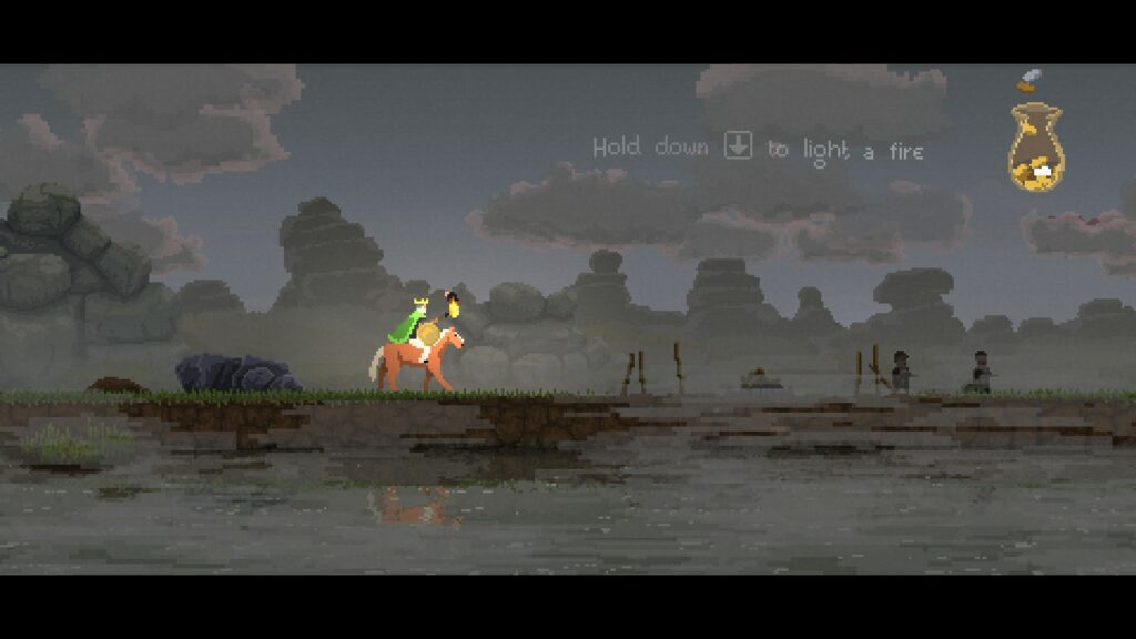 A screenshot showing gameplay of Kingdom: Classic, a video game. This screenshot shows the player, a king on a horse walking over coins to collect them, and his coin pouch in the top-right corner of the screen filling with coins.