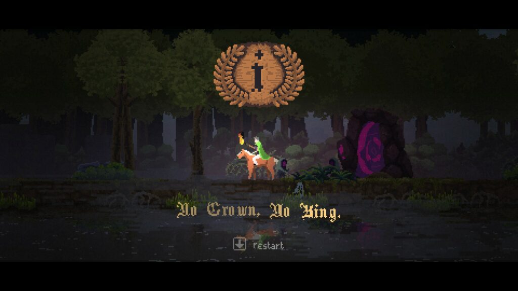 A screenshot showing gameplay of Kingdom: Classic, a video game. This screenshot shows the game over screen. It features the words: "No Crown, No King".