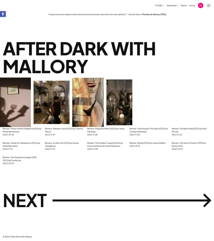 Screenshot of Mallory's "After Dark with Mallory" blog home page