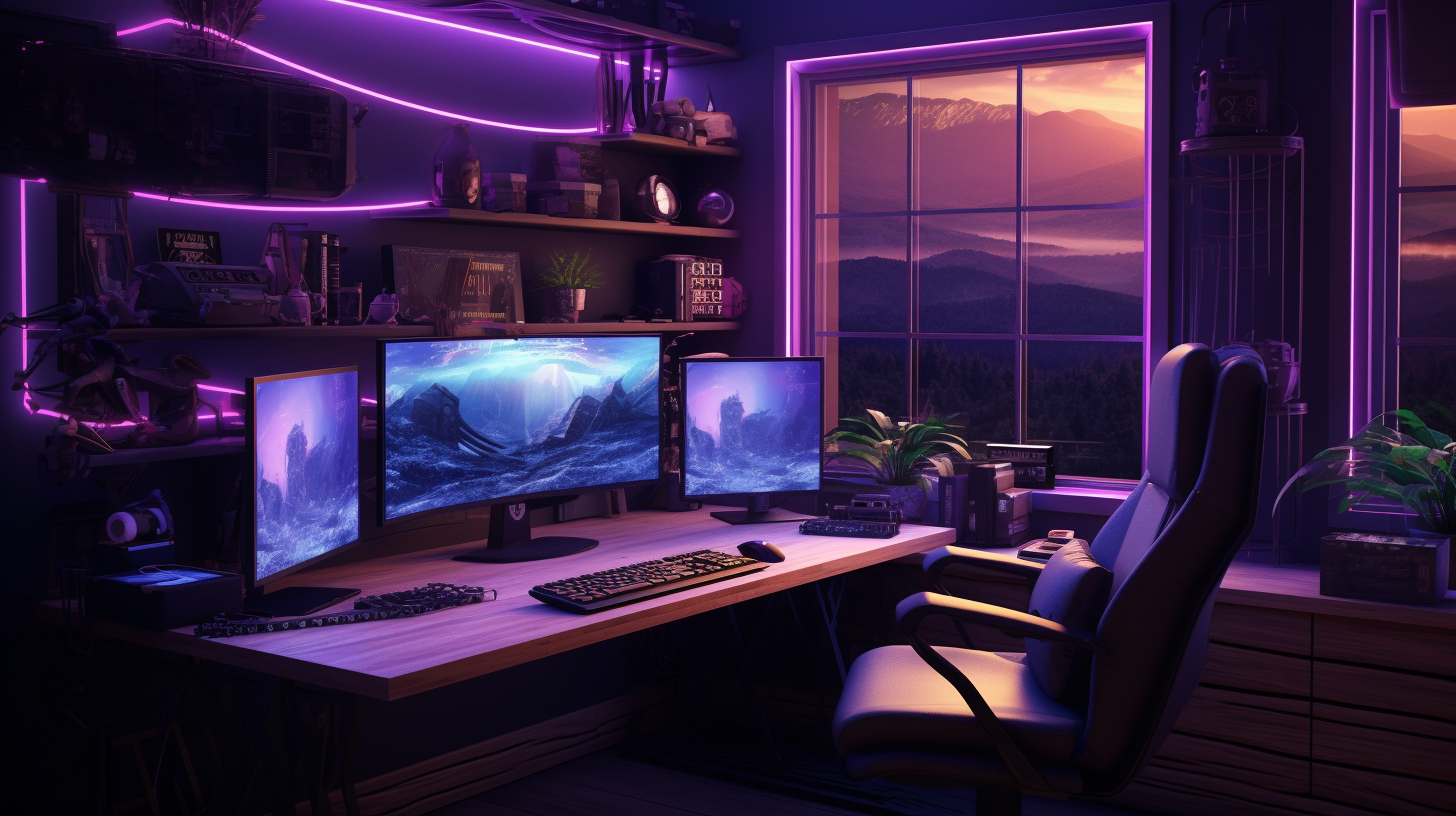 An AI generated image using Midjourney. The image depicts a purple and black bedroom. Lit up with purple neon lights and features a computer workstation with three monitors and a leather chair.