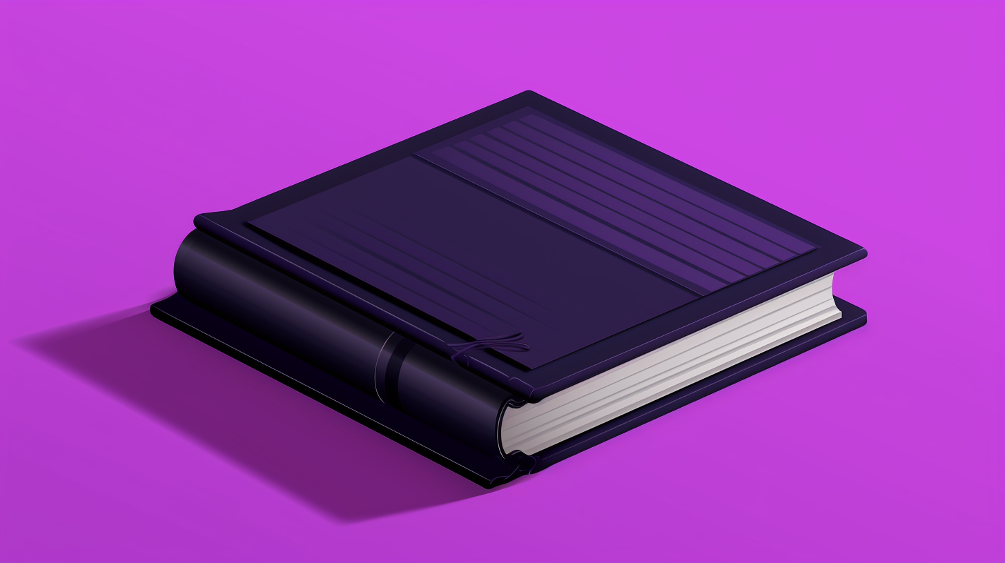 An AI generated image using Midjourney. The image is a purple and black 3D illustration a closed rulebook on an isometric plane. The background is pure purple, the book is dark purple and black.