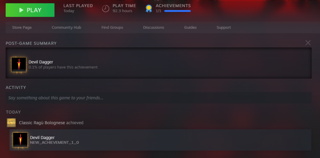 A screenshot of my steam menu showing I've attained the game's screenshot, which only 0.1% of players have.