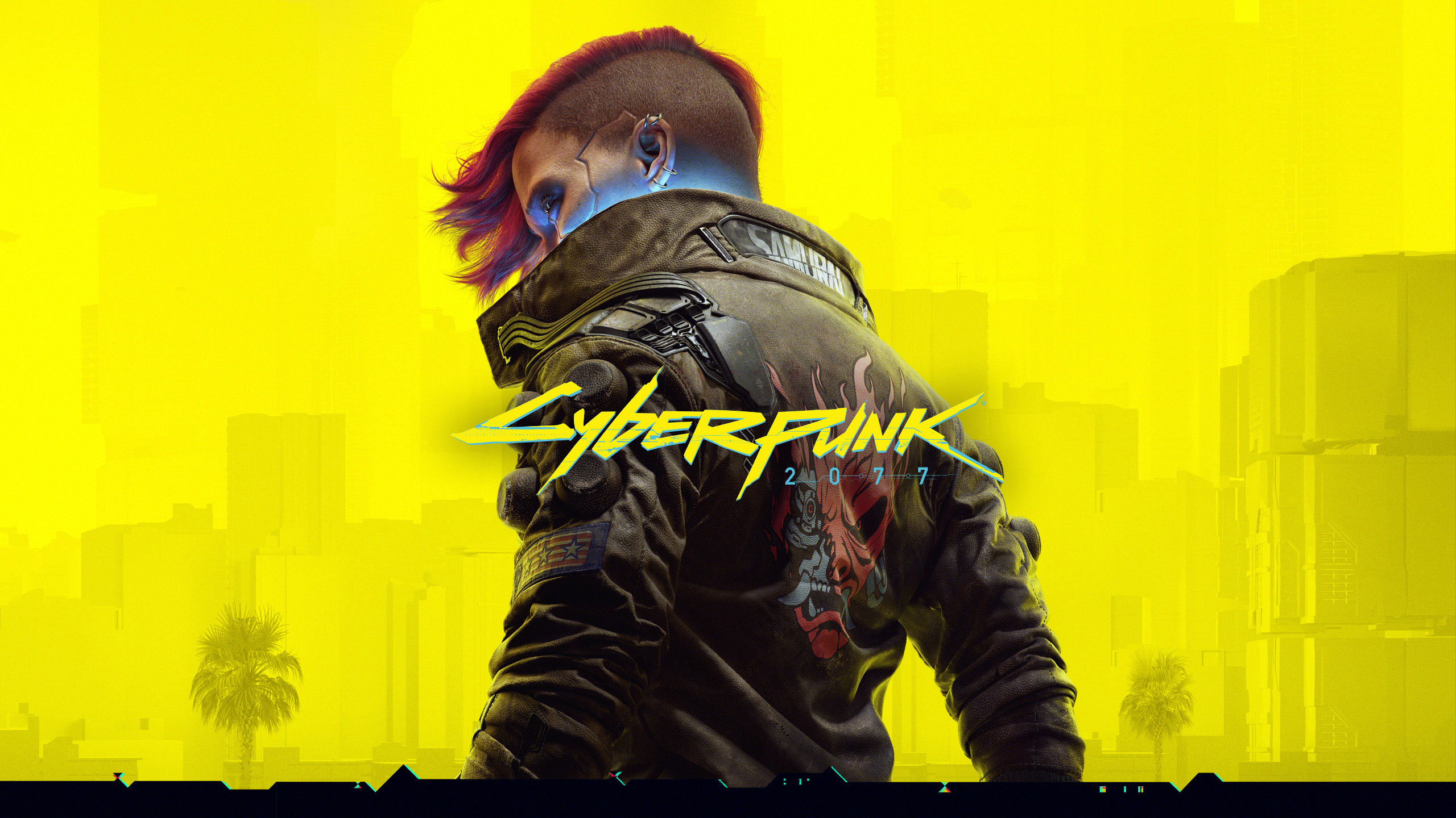 A promotional image for Cyberpunk 2077, a video game. The image shows a woman with half of her head shaved, wearing a futuristic leather jacket. The jacket has an Oni face depicted on it which is half Oni / half cyborg.