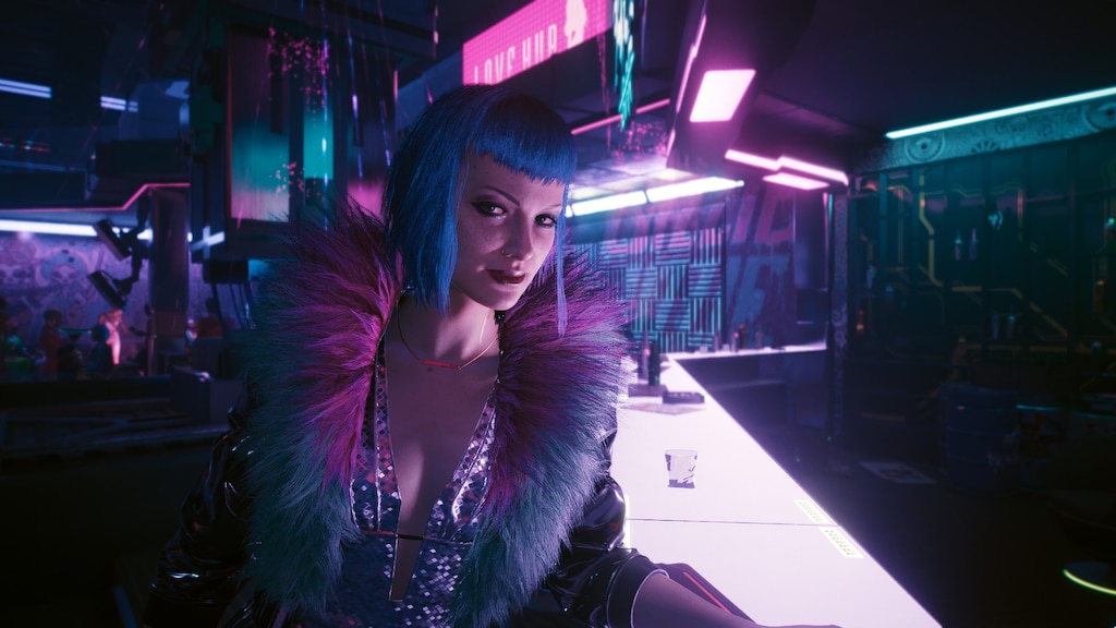 A screenshot from Cyberpunk 2077, a video game. The image depicts a woman with blue hair at a bar.