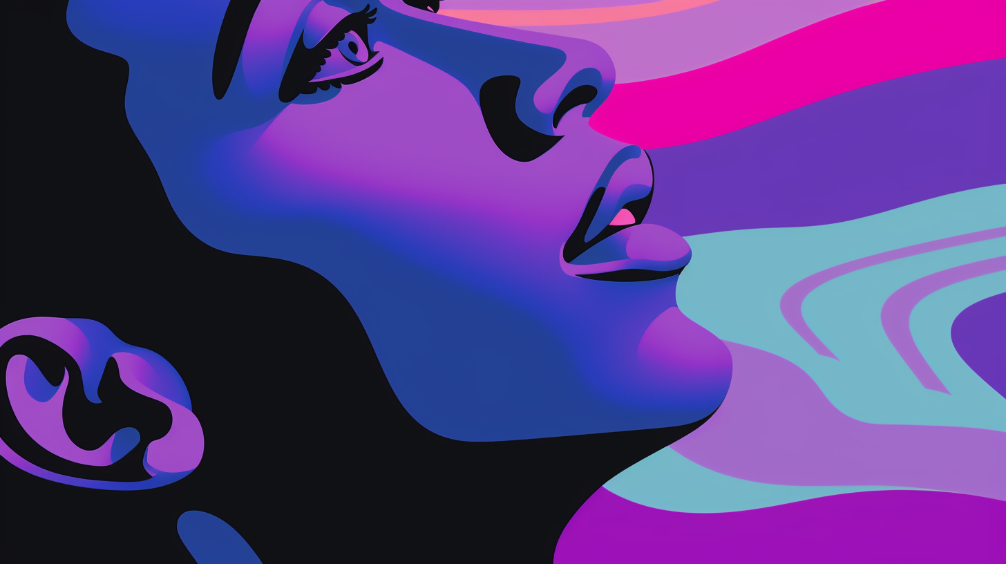 An AI generated image using Midjourney. The image is a purple and black flat illustration of a persons face, close up. Their mouth is slightly open. There is a wavy background made up of pinks, purples and blues.