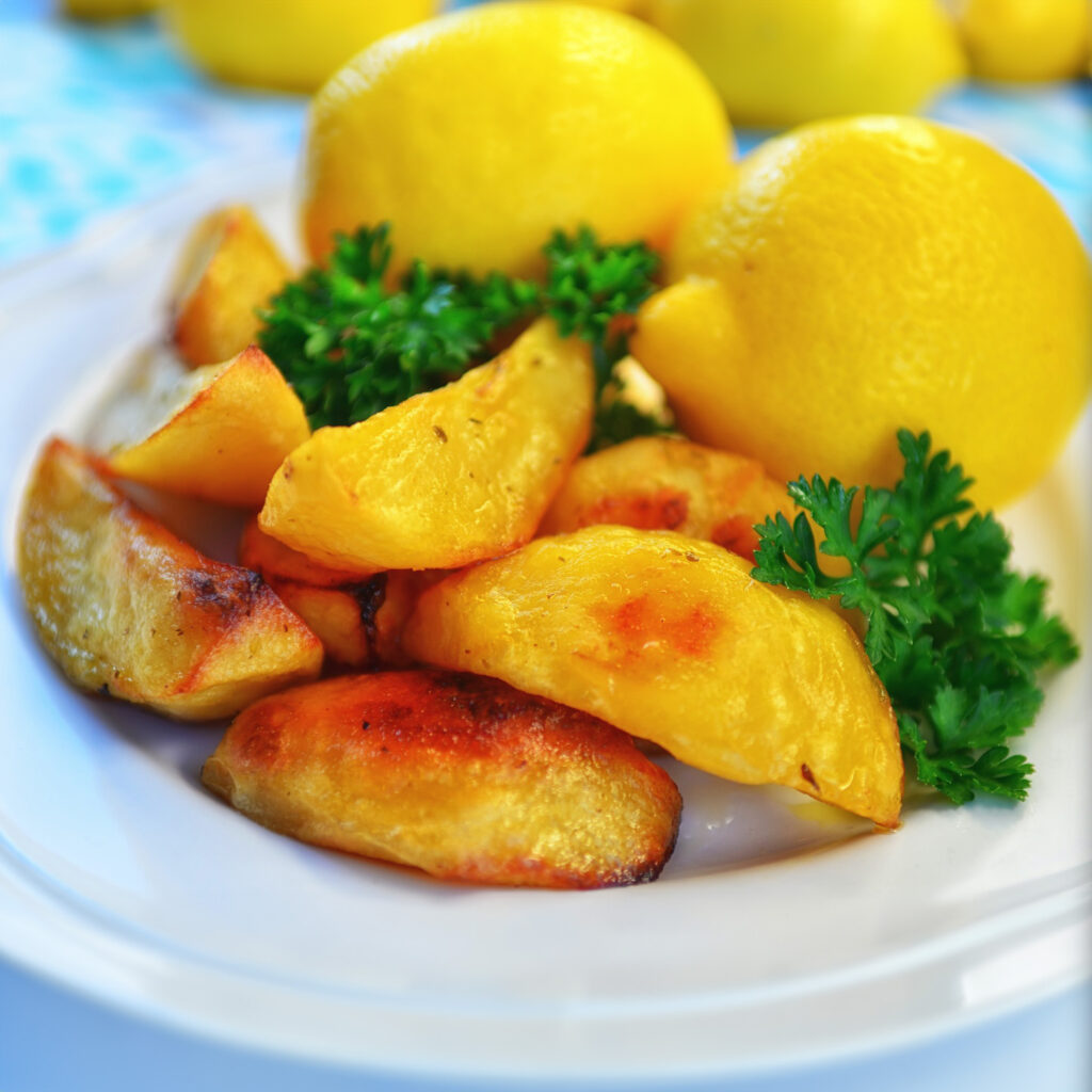 Roasted potatoes with lemon expanded with AI - Square image