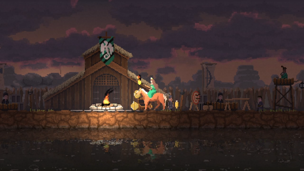 A screenshot showing gameplay of Kingdom: Classic, a video game. This screenshot shows a more developed town with the player being a queen on a horse.