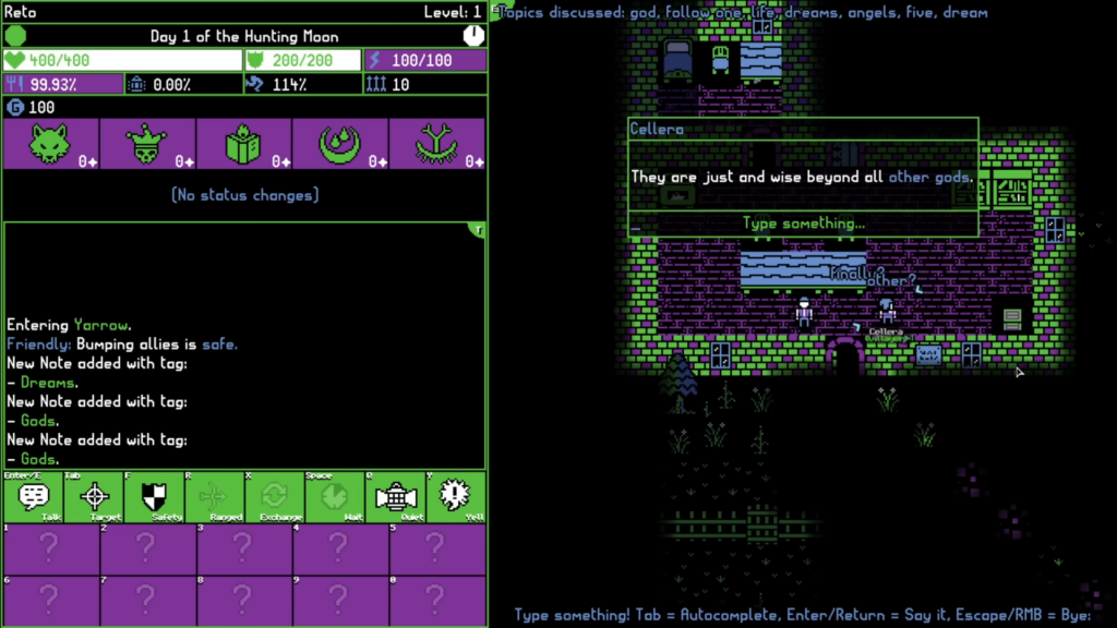 A screenshot showing gameplay of Moonring, a video game. The image shows the gameplay window on the right in which players are prompted to type prompts to speak with NPCs.
