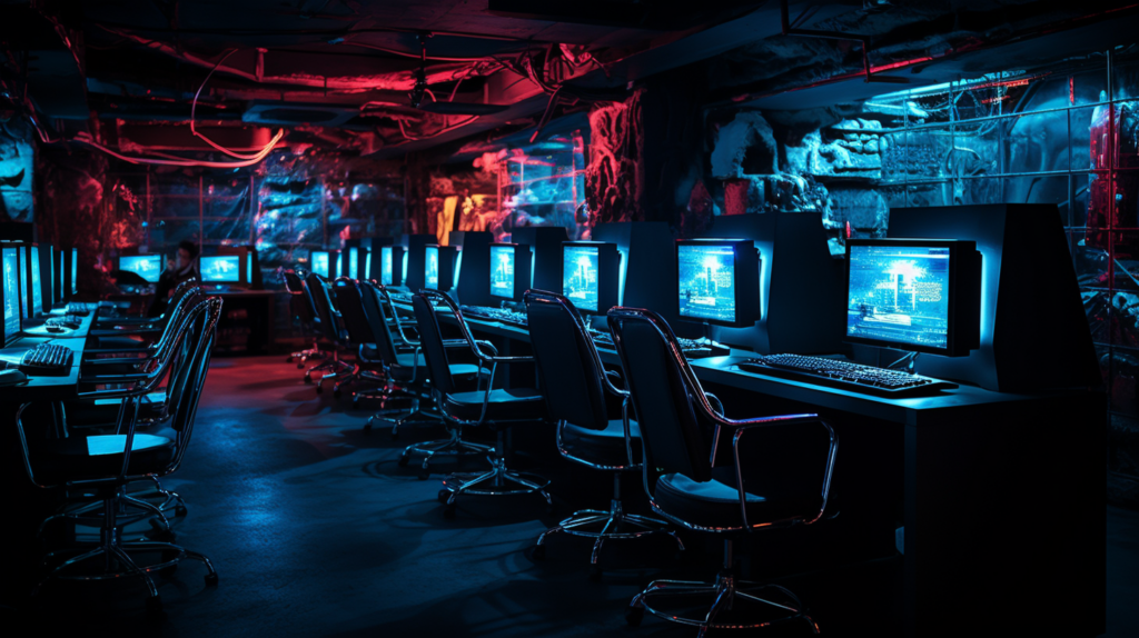 An AI generated image depicting an internet café in a dark basement with rows of desktops beside each other.