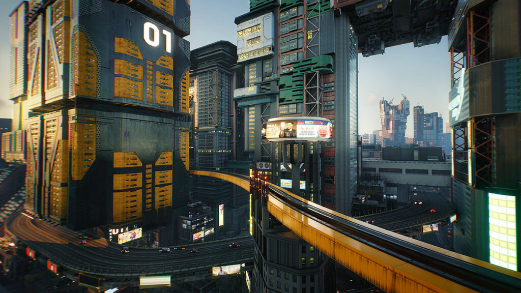 A screenshot from Cyberpunk 2077, a video game. The image depicts a futuristic city.
