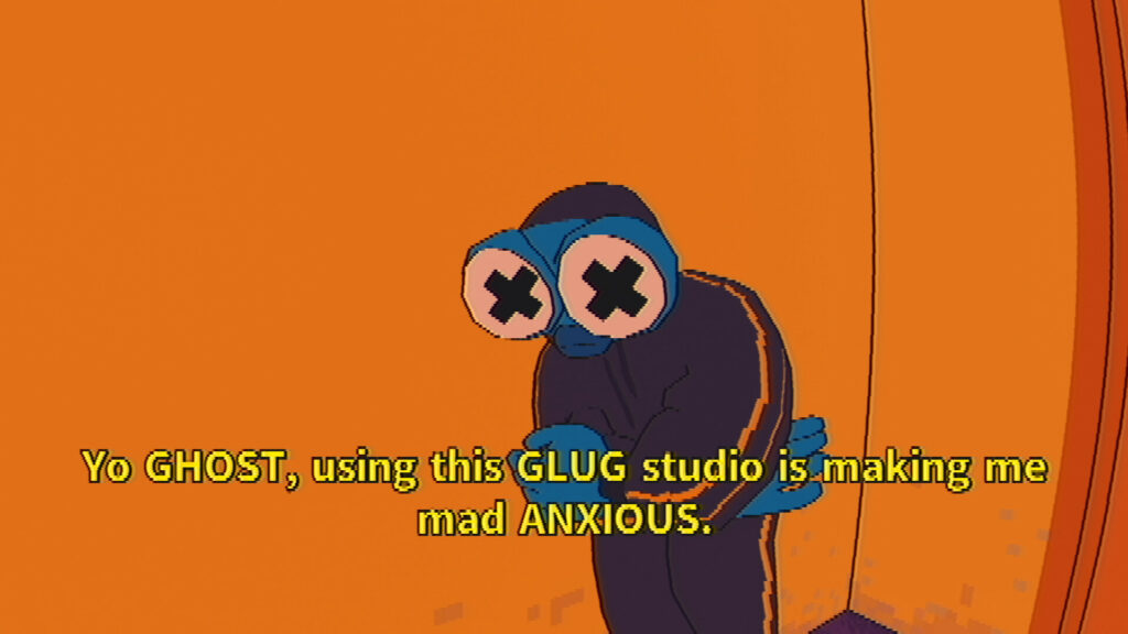 A screenshot showing gameplay of SLUDGE LIFE: The BIG MUD Sessions, a video game. This screenshot shows a frog-man like character dressed in a tracksuit stating the studio is making him "mad ANXIOUS".