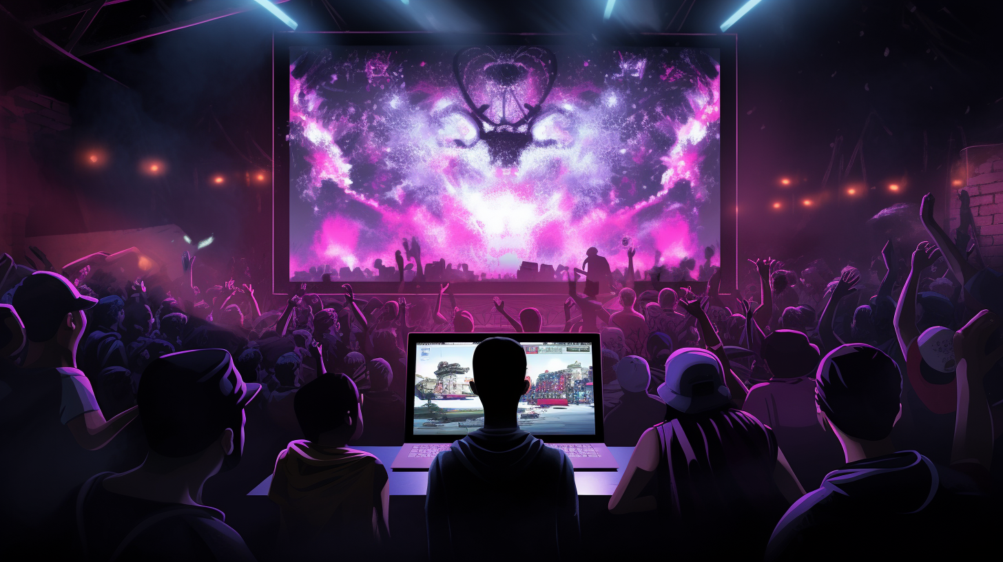 An AI generated image using Midjourney. The image depicts a purple and black illustration of spectators watching a video game on a large screen.