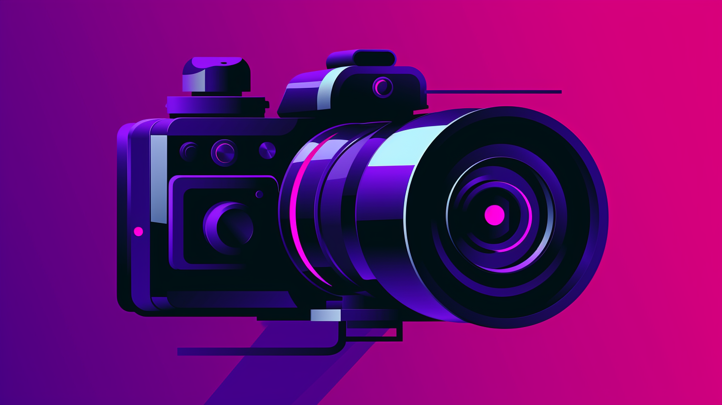 An AI generated image using Midjourney. The image is a purple and black abstract illustration of a DSLR camera.