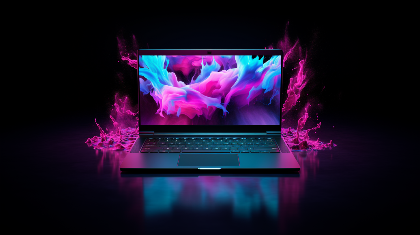An AI generated image using Midjourney. The image depicts a a laptop on a black background. There is an abstract imager on the screen made of purple and blue hues. There is a splash of purple water behind the laptop.