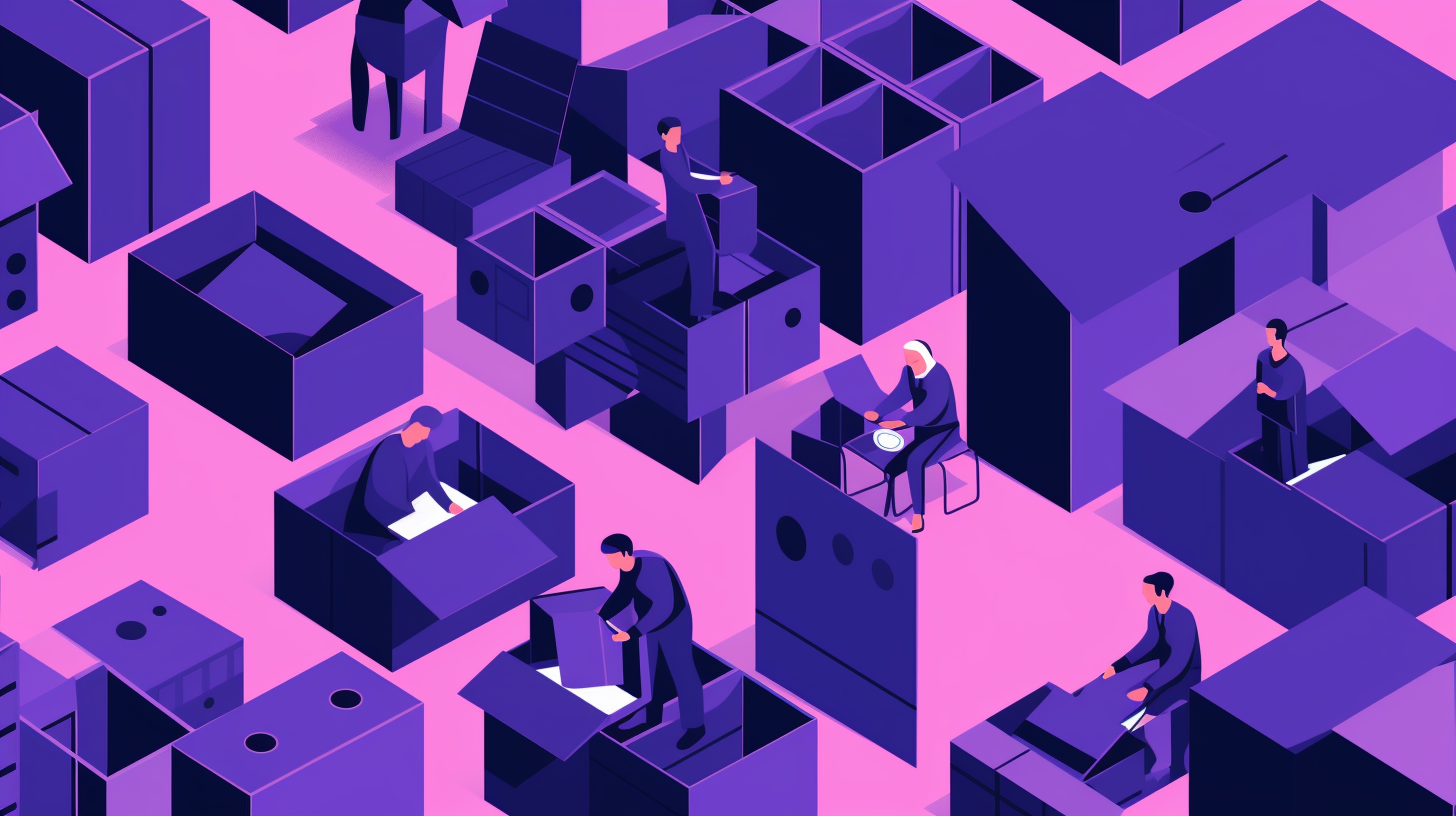 An AI generated image using Midjourney. The image is a purple and black flat illustration of a corporate style image. It features a pink background with various purple boxes in an isometric view. There are people organizing things into the boxes.
