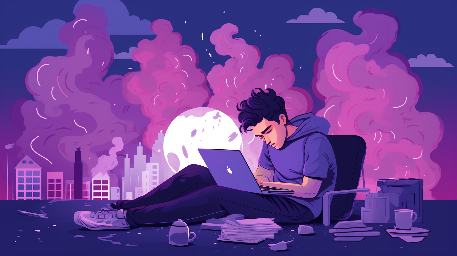 An AI generated image using Midjourney. The image is a purple and black flat illustration of a person experiencing burnout. The are sitting slumped over and sleeping. They have a laptop in their lap, surrounded by coffee and papers. There is a city in the background with smoke coming from the buildings.