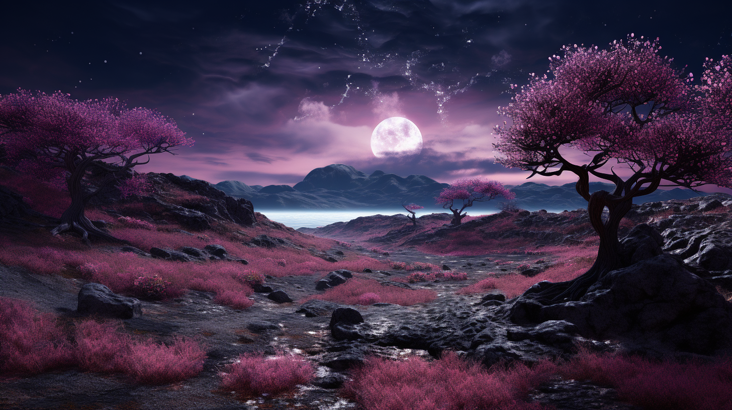 An AI generated image using Midjourney. The image depicts a purple and black AI generated landscape featuring mountains, a night sky with a pink moon and cheery blossom trees.