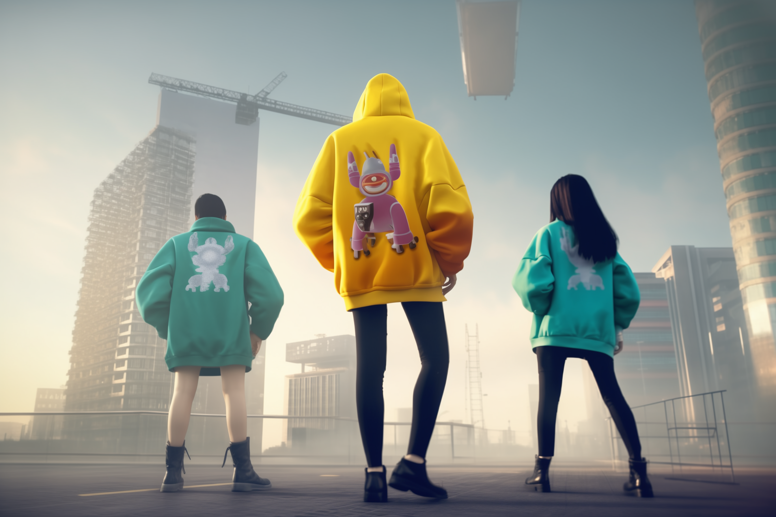 A remixed version of the Cyberpunk 2077 promotional image. This image is made with AI and features three women overlooking a futuristic city. The woman in the center is wearing a yellow hoodie with a monster logo on it.
